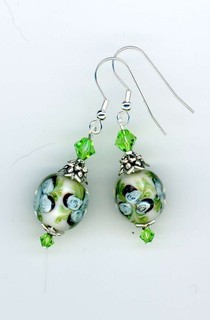Aqua & green floral lampwork/crystal artisan earrings Birdsongjewelry