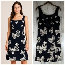 Talbots Petite Shift Dress Size 4 Black Cream Butterfly Square Neck Sleeveless