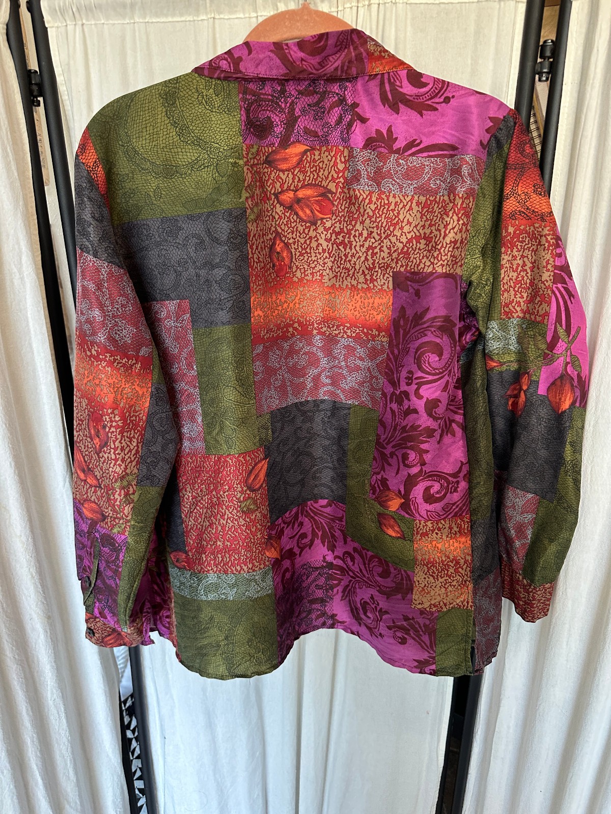 Medium 100% Silk Patchwork Multicolor Button up C… - image 4