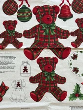 Cranston CHRISTMAS PLAID Fabric Panel APPLIQUE Teddy Bears Holly 44" x 36"