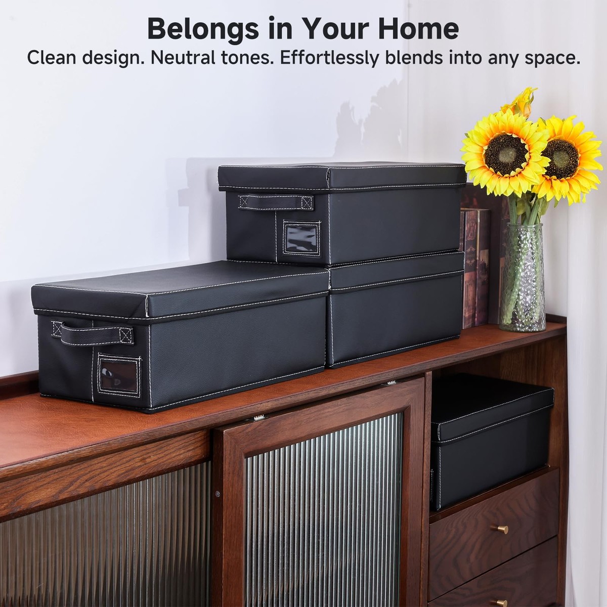 4 Pack DVD Storage Box Black Faux Leather Shelf Organizer Holds 25