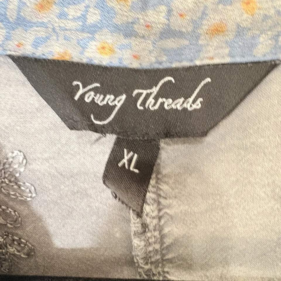 Young Threads Blouse Women XL Gray Patchwork Flowy Boho Peasant Cottagecore - Image 3 of 4