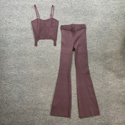 Alo Yoga Top Pants Set Womens S/M Raisinette Denim Knit Garter