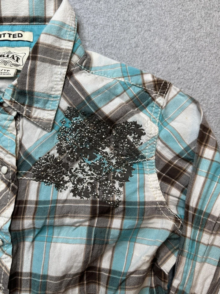 Camisa Ariat Feminina XS Azul Marrom Xadrez Ajustado Cowgirl Ocidental Snap Pearl Detalhe - Imagem 3 de 4