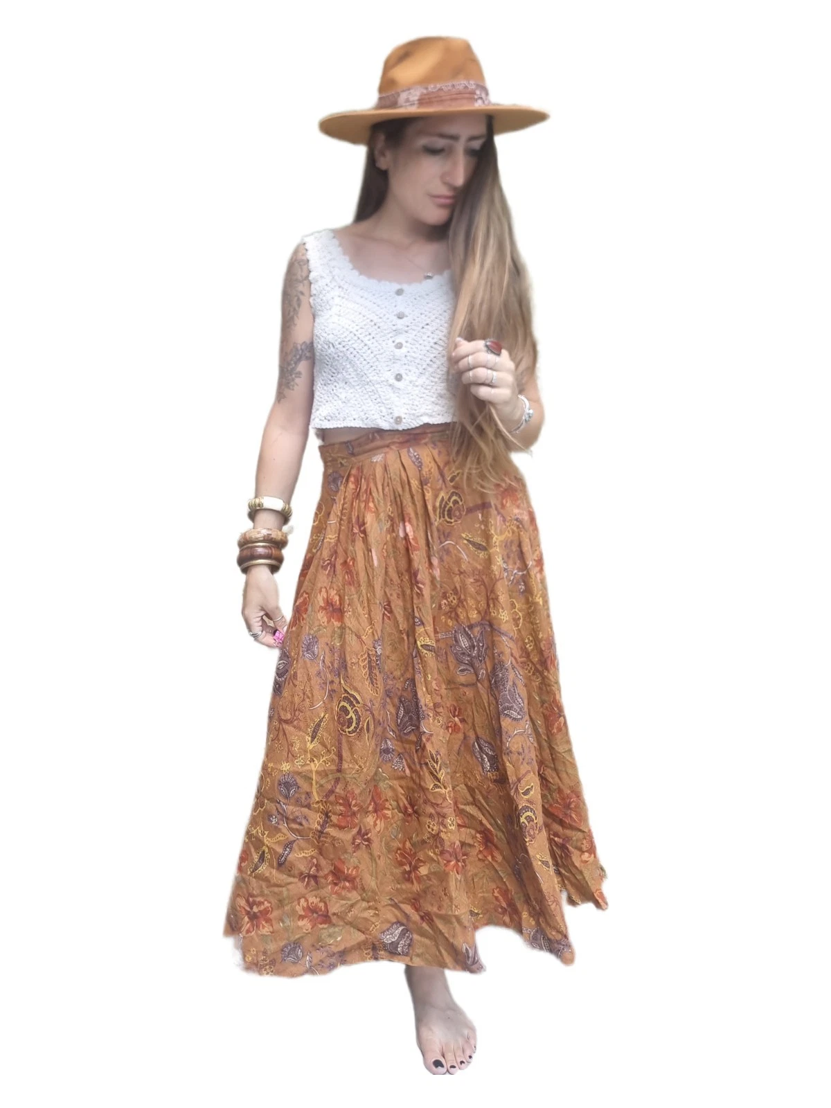 Vintage Brown 100% Linen Italian Peasant Maxi Skirt S Boho Cottagecore Floral