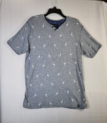Free Planet V-Neck Shirt Herren Blau Flamingo Kurzarm Gr. XL Baumwolle Indien