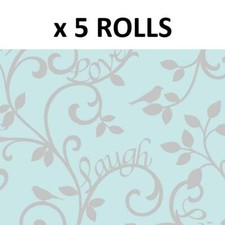 Fine Decor Live Laugh Love Teal Silver Motif Swirl Scroll Feature Wallpaper