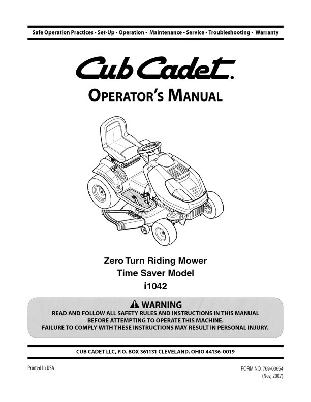 Owner s Manual Cub Cadet Zero Turn Riding Mower Time Saver Model