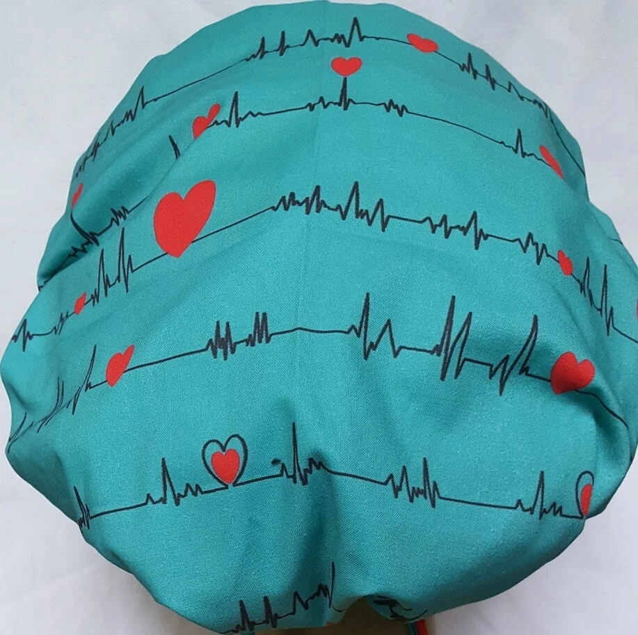 EKG teal and red hearts bouffant scrub hat cap - Image 3 of 3