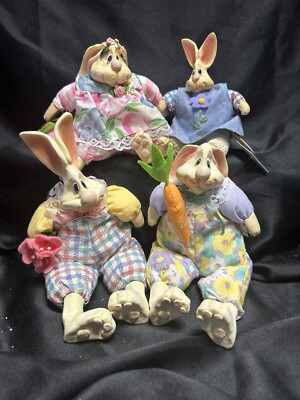 Adorable Russ Berrie Country Folks Bunny Family; Benny, Bonnie, Betsy & Bobbie