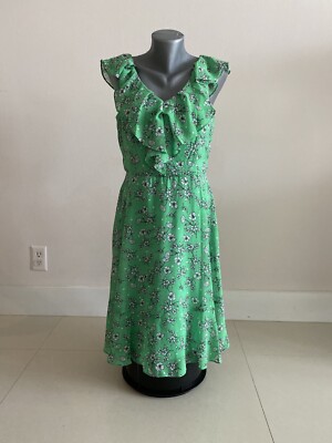 NWT DKNY GREEN FLOWER PATTERN MIDI DRESS RUFFLE DETAIL V-NECK SLEEVELESS  SIZE 8 | eBay