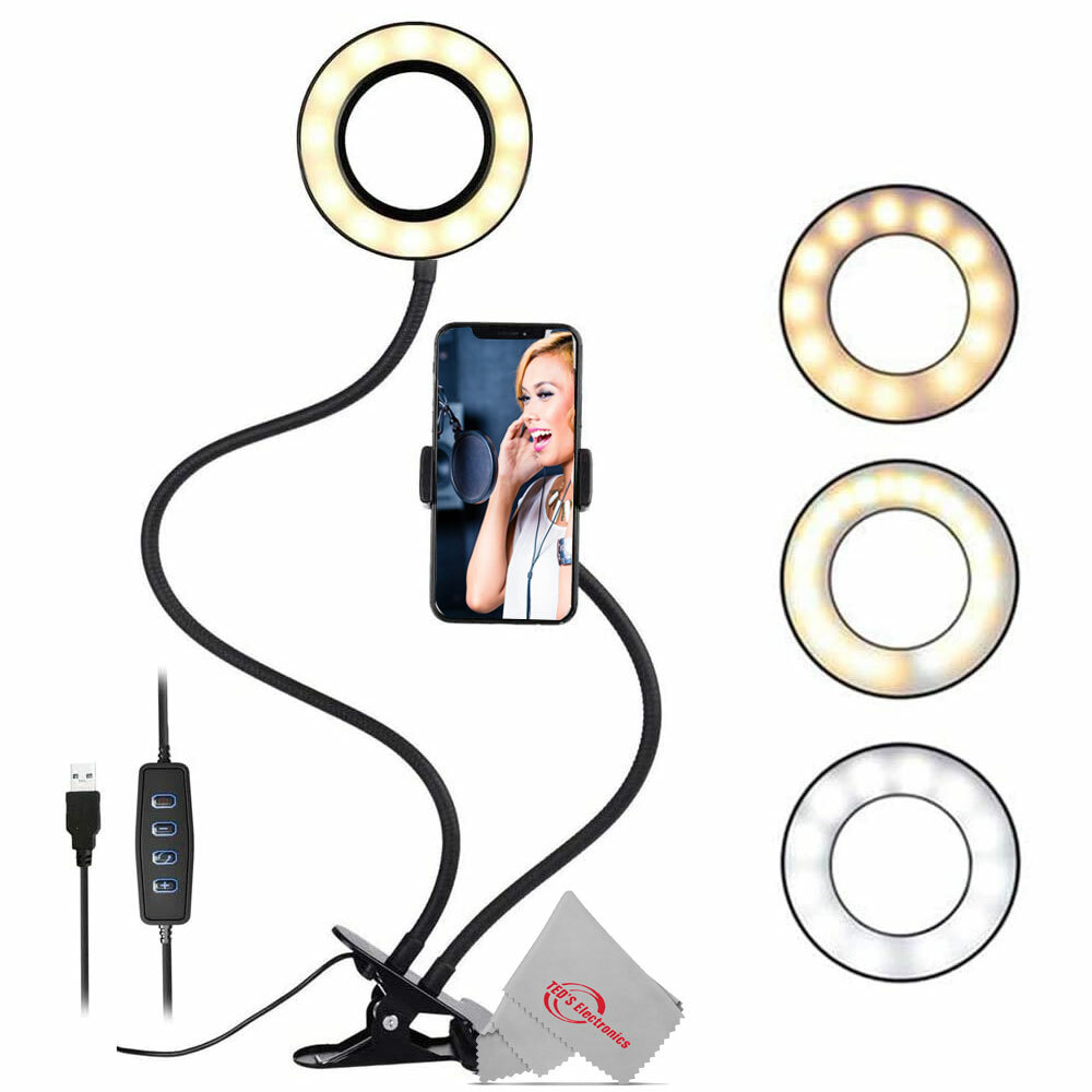Selfie Ring Light+ Cell Phone Holder +3 Color Modes, Desk Clamp Clip-image