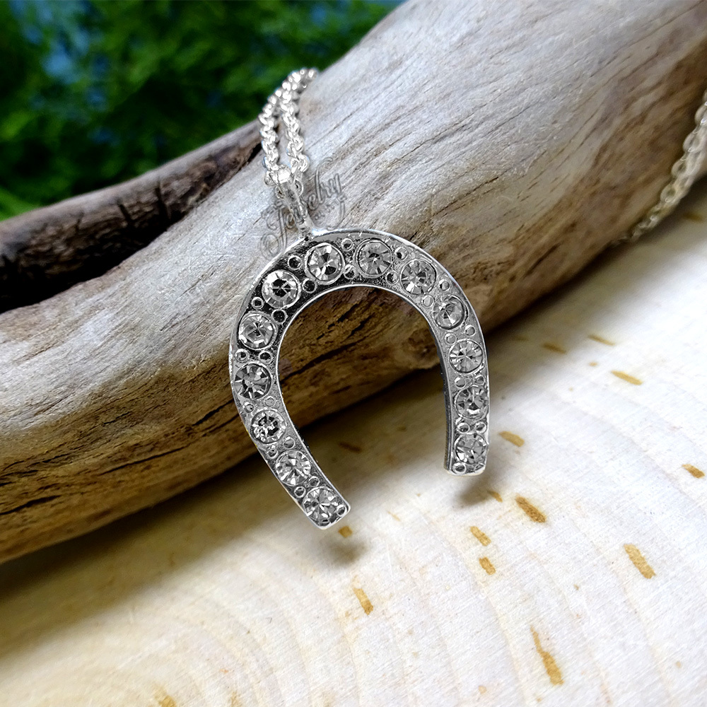 Lucky” Crystal Horseshoe Pendant Silver Necklace