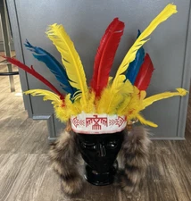 Vintage Cherokee Feather Headdress & Coonskin Cap Qualla Reservation Handmade