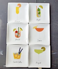 Crate & Barrel Appetizer Plates 6" Sq Mixed Drinks Designs Mojito Mimosa Mai Tai