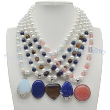 Wholesale 8mm Round White Shell Pearl Sorts Of Gems Drop Pendant Necklace 18''