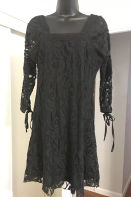 Solitaire By Ravi Khosla Dress M Black Lace Embroidered 3/4 Tie Sleeves R1  | eBay