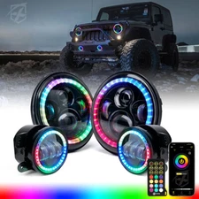 RGB LED Headlights & Fog Lights w/Halo Combo Kits For Jeep Wrangler TJ JK 97-18