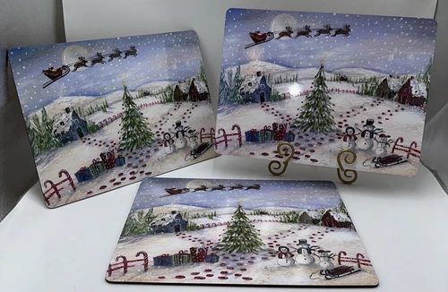 Set of 3 Kate McRostie CHRISTMAS Winter Scene Holiday Placemats CORK Backed
