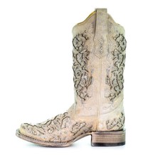 CORRAL Women's White Glitter Inlay  Crystals Sq. Toe Boots A3397-LD 