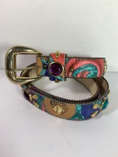 Vintage J Crew Multi Color Leather Belt Gem Stones Gold Buckle Accents