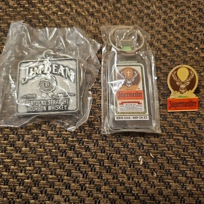 New Jim Beam Bourbon Whiskey Pewter Keychain & Jagermeister Plastic Keychain 