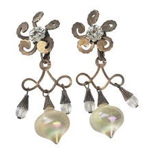 Victorian Revival Chandelier Earrings Clip On AB Crystal Drop Flower Vintage 3" 