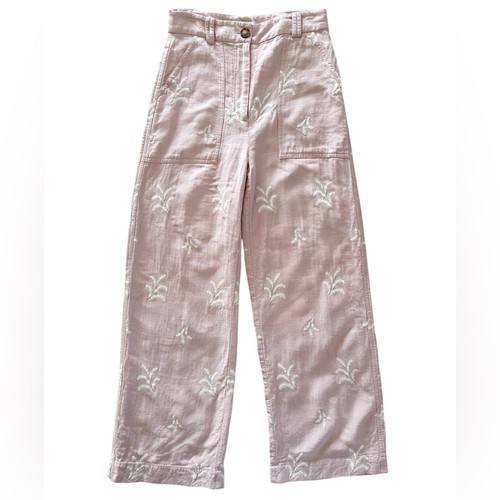 Zara Embroidered Linen Like Pants Pink White Palm Leaves Size Small EUC
