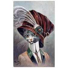 Artist Signed Arthur Thiele Cat Dresses in Fancy Hat and Tie Cat Postcard