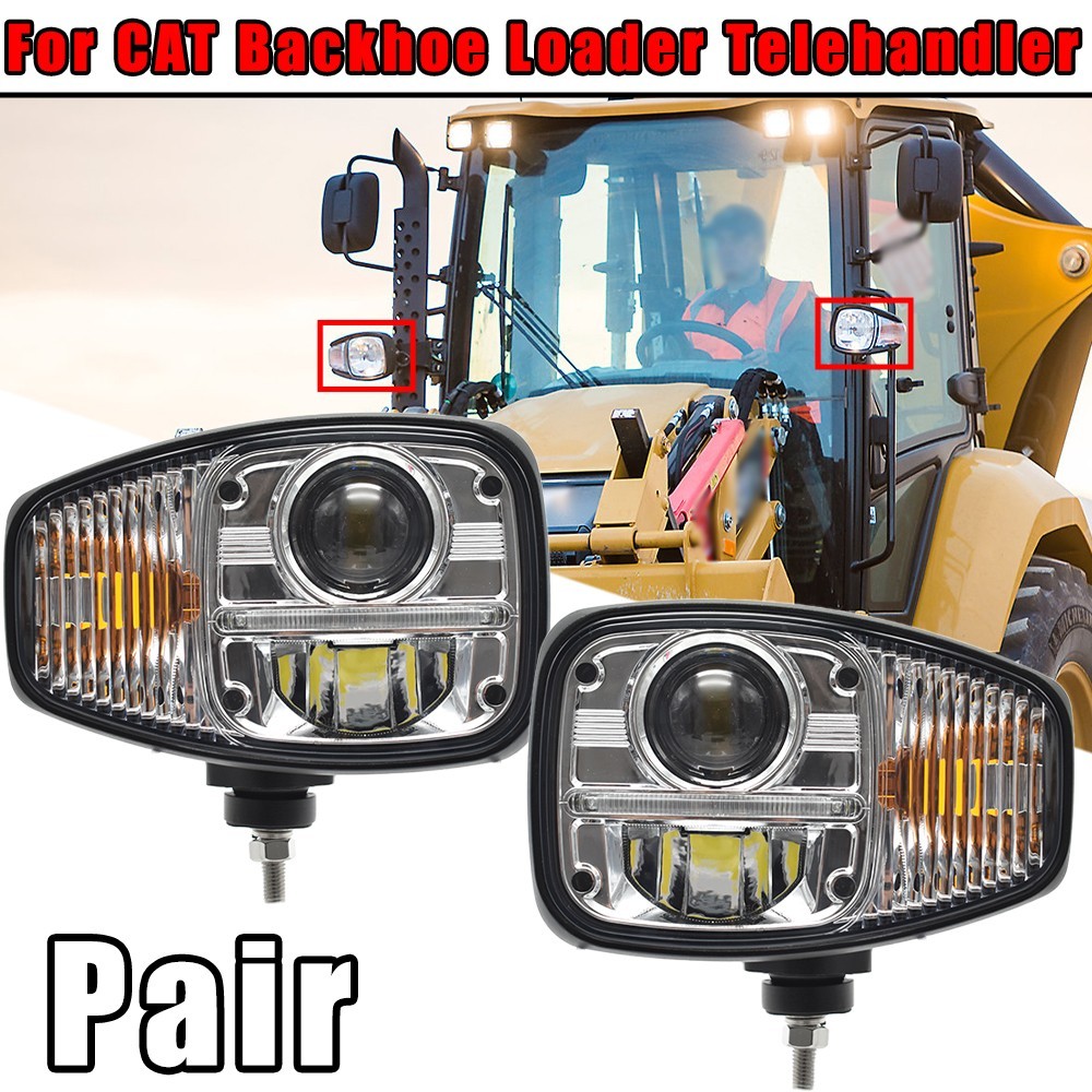 Pair LED Headlights Work Light w/Turn signal For CAT Backhoe Loader Telehandler