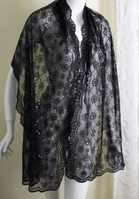 Estate Designer Closet Black Lux Lace Scalloped Sequin Mesh Scarf Wrap Shawl