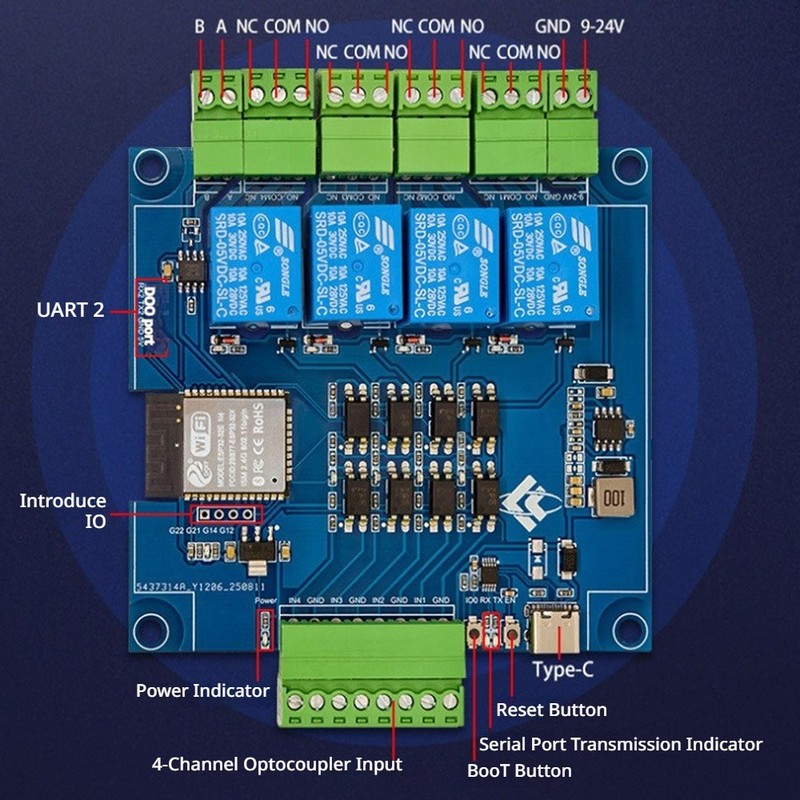 DC9-24V ESP32 Modbus RTU Four Channel Relay Module RS485 Development Board