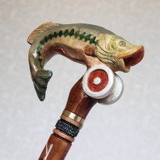 Hand Carved Wooden Walking Cane Fish Handle  Fisherman Gift Collectible Stick