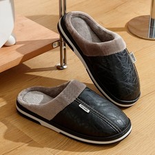 NEW Men's PU Leather Winter Slippers Fur Lined Indoor Waterproof House Shoes