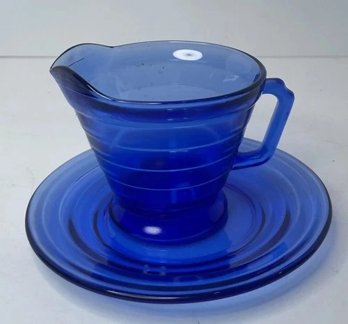 Vintage Cobalt Blue Hazel Atlas Moderntone Creamer & Underplate Saucer Set