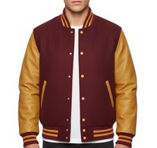 Varsity Letterman Maroon Wool  Gold Cowhide Leather Sleeves Bomber Jacket