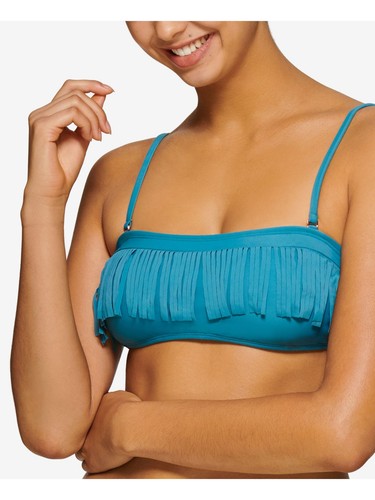 HULA HONEY Women's Blue Fringe Removable Cups Tie Bandeau Swimsuit Top XS