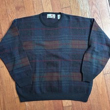 Florence Tricot Sweater Mens XL Blue Plaid Wool Blend Made In Italy Cottage Cozy