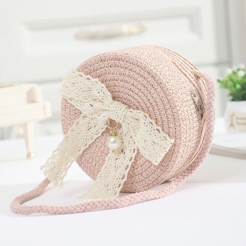 Hand-woven Summer Beach Bag Lace Bow Kids Crossbody Purse Mini Straw Bag - Picture 7 of 13