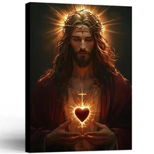 Sacred Heart of Jesus Canvas Wall Art, Divine Mercy Portrait Poster Print Decor