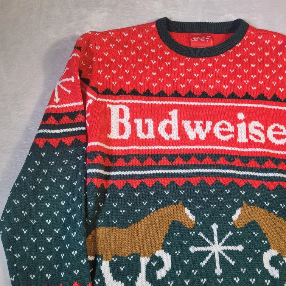 Suéter Budweiser Para Hombres XL Rojo Verde Vacaciones Navidad Clydesdale Pullover Feo Foto 3 de 4