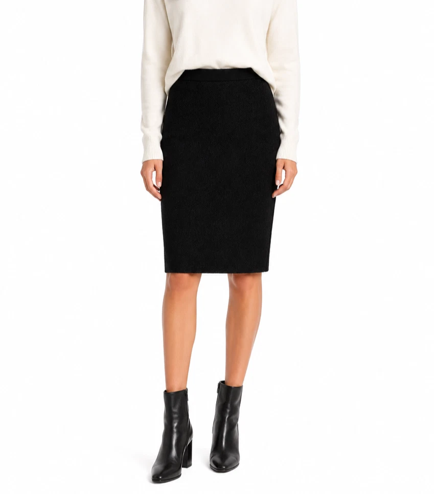 EILEEN FISHER Black Textured Wool Cotton Stretch Knit Pencil Skirt SMALL = 6/8
