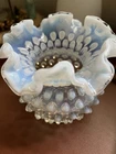 Vintage Fenton Hobnail Moonstone Ruffled Opalescent Blue Glass Vase 4.5"
