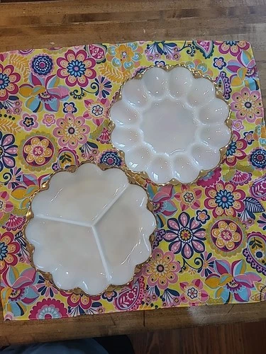 Vintage Set Anchor Hocking 1950s Milk Glass Deviled Egg Relish Dishes Gold Trim