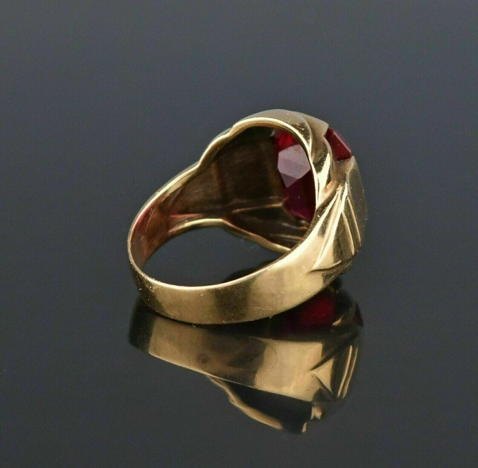Anillo para hombre regalo de San Valentín corte esmeralda simulado rubí rojo oro amarillo 14k FN Foto 4 de 4