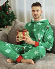 Family Matching Christmas Pajamas Flannel Hooded One Piece- Men Size M