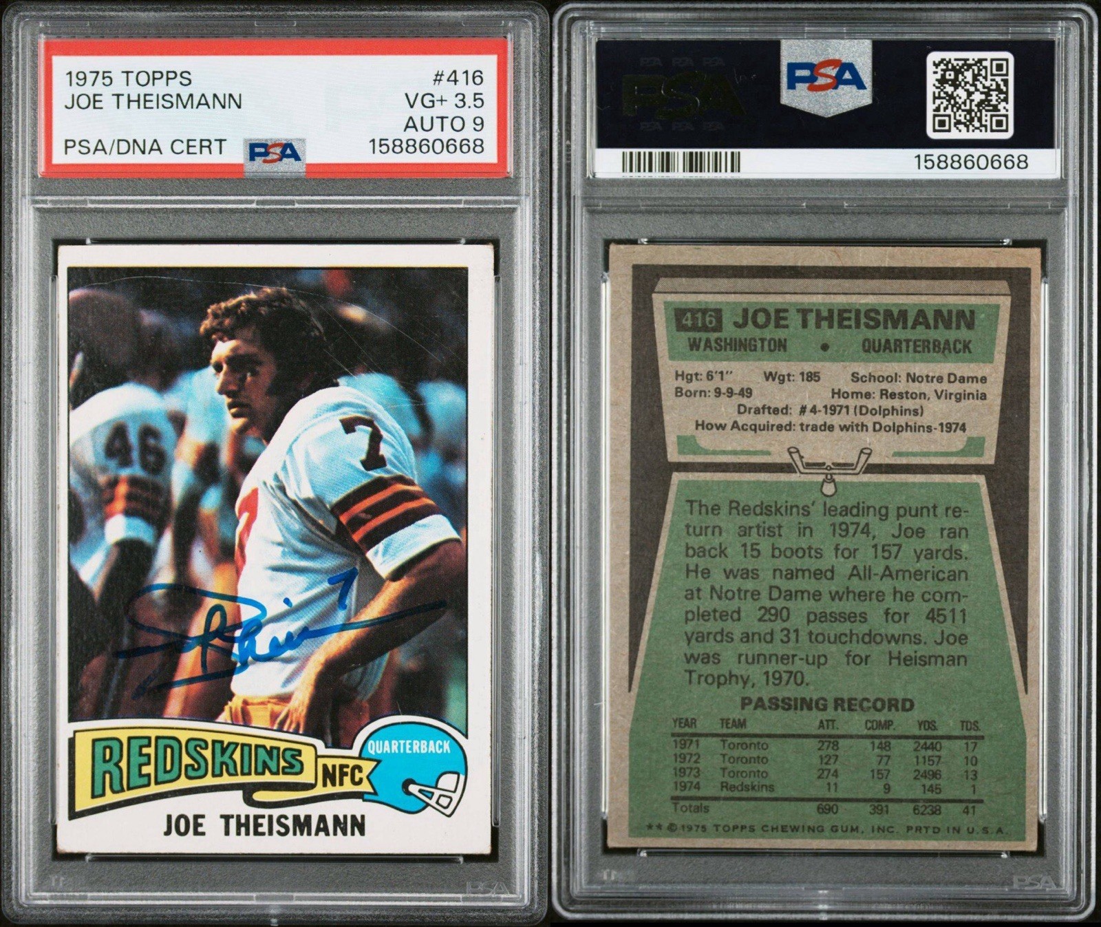 1975 Topps #416 Joe Theismann Rookie RC Autograph PSA 3.5 Auto 9 Low Pop view 3
