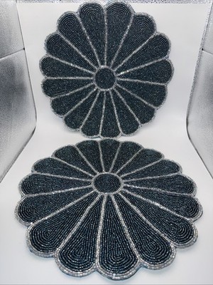 2 Beaded Glass Table Accent Design Placemats Blue/Silver Silky Lining 12.5 W