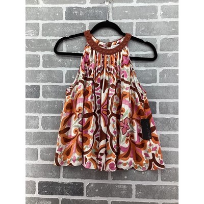 Current Air Los Angeles Halter Top Orange Pink Abstract Crochet Trim Small NWT