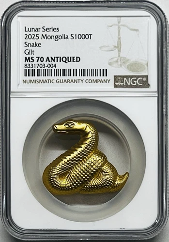 2025 LUNAR YEAR MONGOLIA 1000T NIMBLE GILDED SNAKE 1OZ SILVER NGC MS70